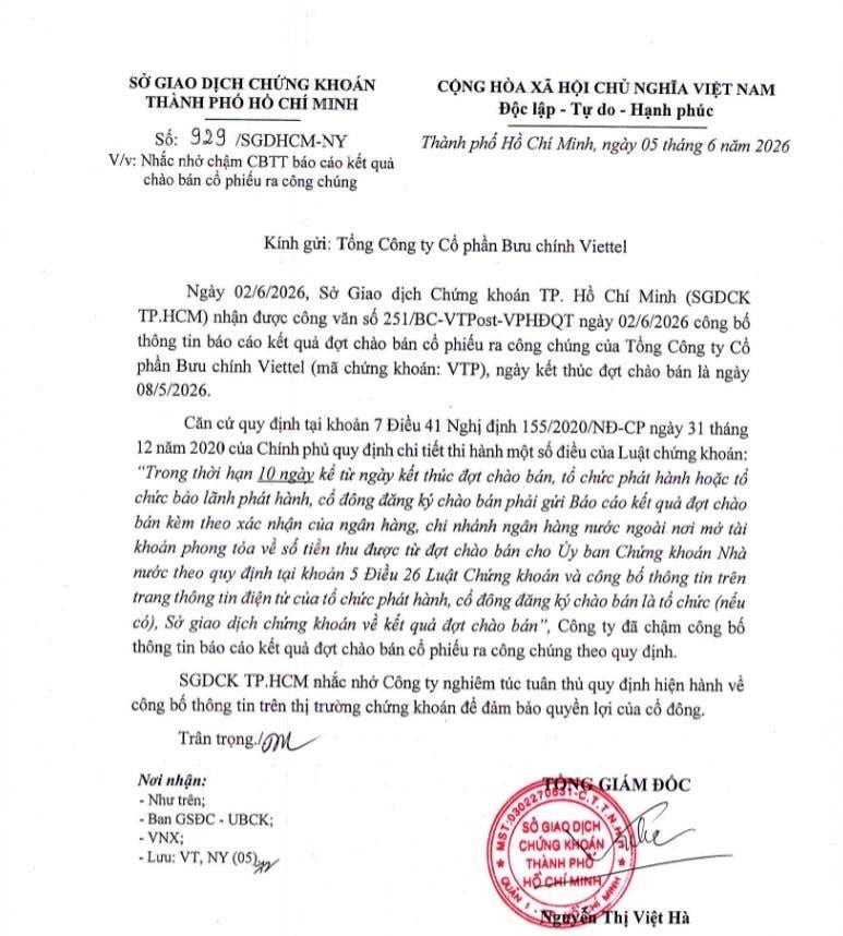 Sở Giao dịch Chứng khoán TP.HCM (HoSE) vừa có văn bản nhắc nhở Tổng Công ty Cổ phần Bưu chính Viettel (Viettel Post, MCK: VTP, sàn HoSE) về việc chậm công bố thông tin báo cáo kết quả chào bán cổ phiếu ra công chúng.