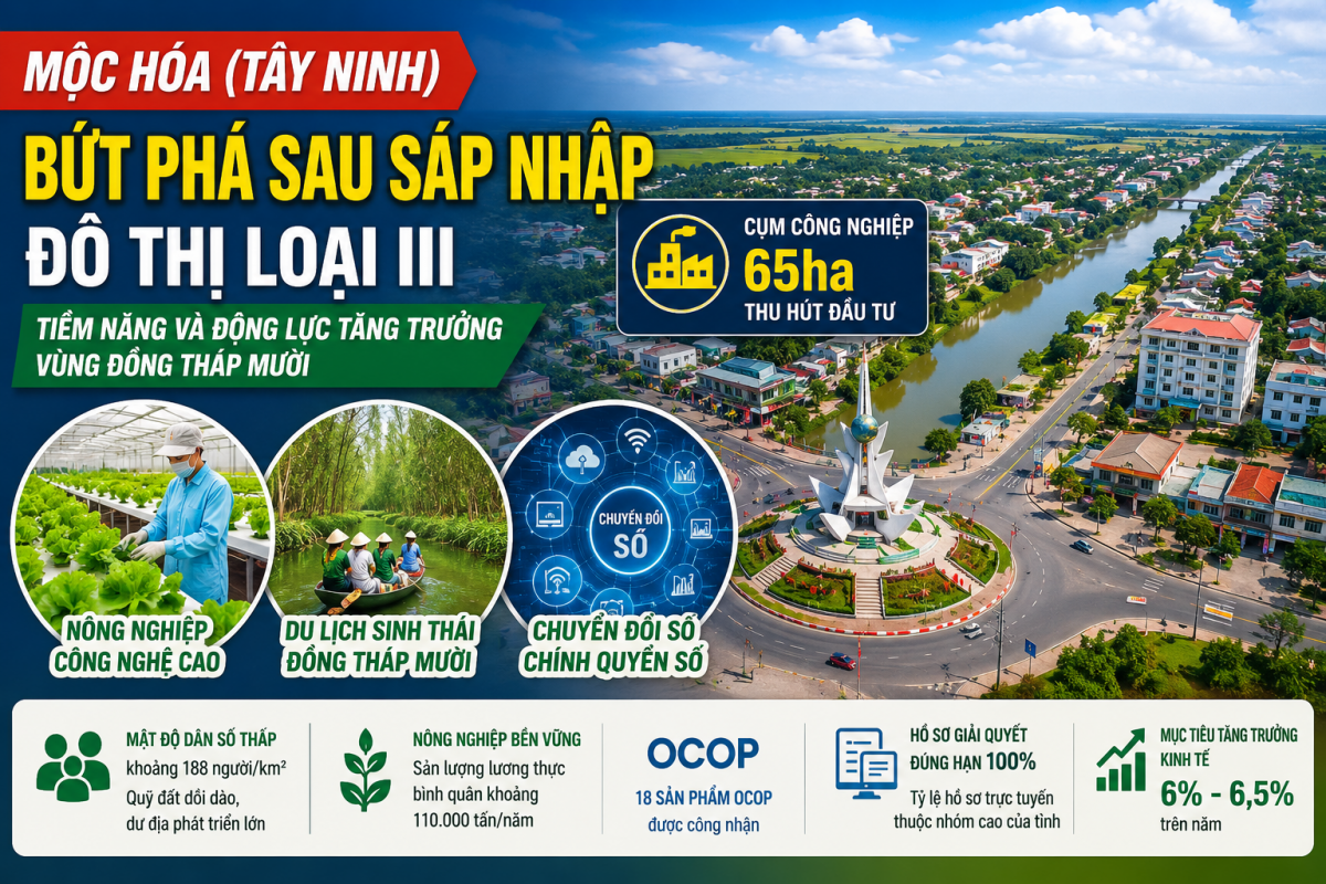 Mộc Hóa Tây Ninh bứt phá sau sáp nhập với đô thị loại III, cụm công nghiệp 65ha, nông nghiệp công nghệ cao, chuyển đổi số và du lịch sinh thái Đồng Tháp Mười