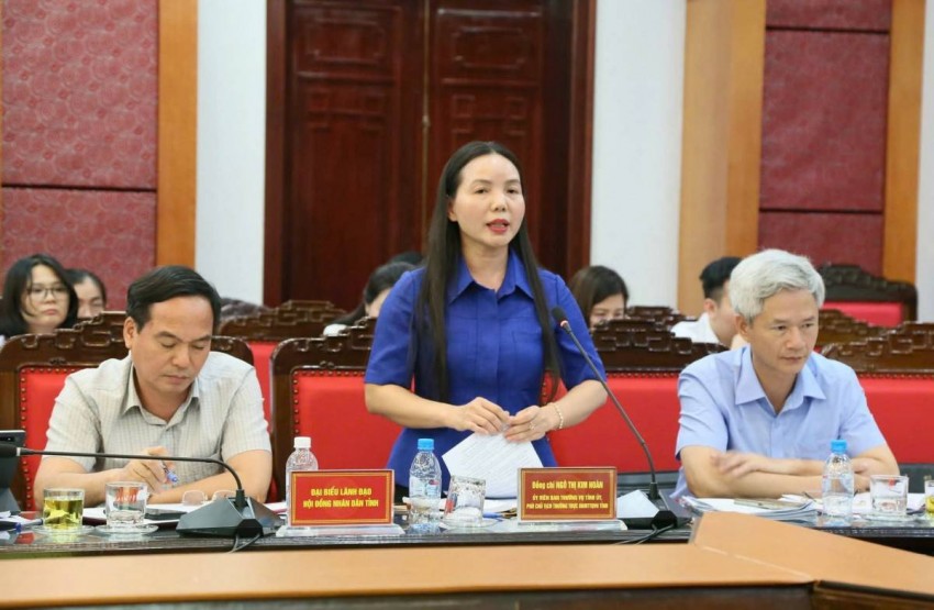 Đồng chí Ngô Thị Kim Hoàn, Ủy viên Ban Thường vụ Tỉnh ủy phát biểu ý kiến tại hội nghị. 