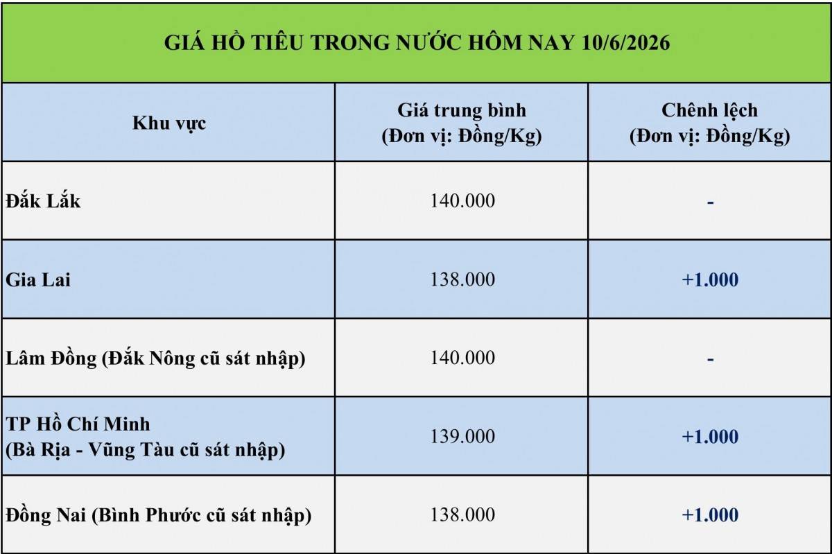Giá tiêu hôm nay 10/6/2026: