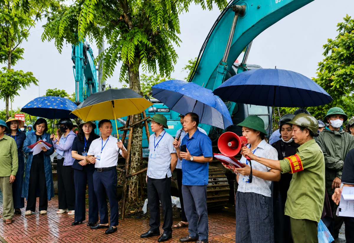Các lực lượng tham gia cưỡng chế xử lý vi phạm đất đai tại phường Trầm Lãm công bố Quyết định cưỡng chế