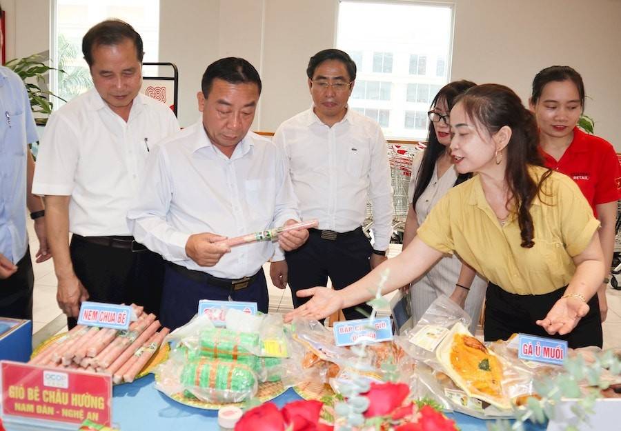 Phó Chủ tịch UBND tỉnh Nghệ An Nguyễn Văn Đệ tham quan gian hàng sản phẩm OCOP và đặc sản của tỉnh tại siêu thị Go!Vinh