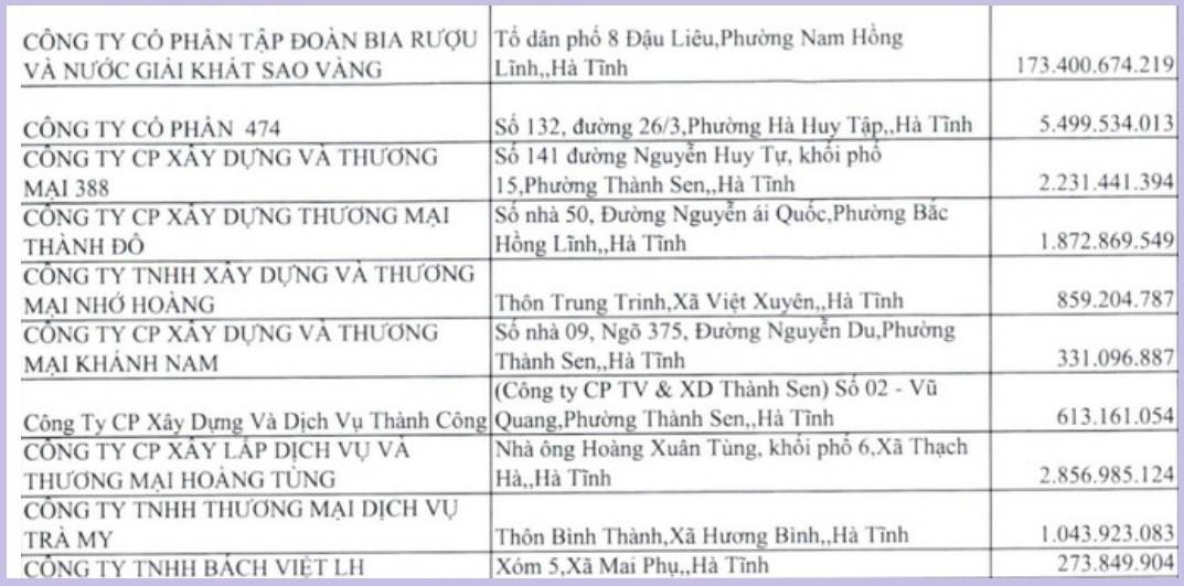 Công ty Cổ phần Tập đoàn Bia Rượu và Nước giải khát Sao Vàng (SAVABECO) là doanh nghiệp có số nợ lớn nhất do Thuế tỉnh Hà Tĩnh công bố với hơn 173,4 tỷ đồng. 