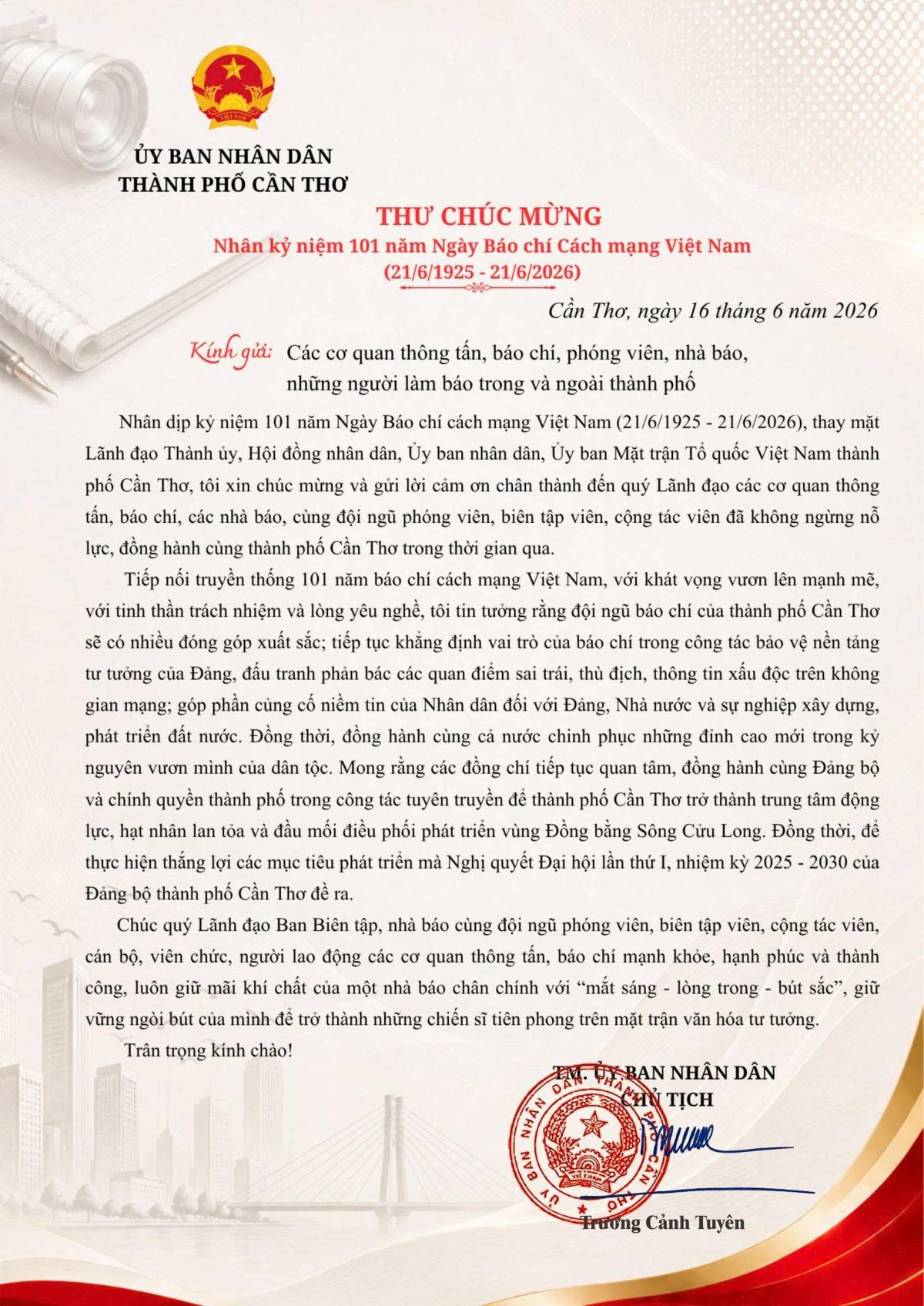 Cần Thơ kỳ vọng báo chí tiếp tục đồng hành, khơi dậy khát vọng phát triển trong giai đoạn mới