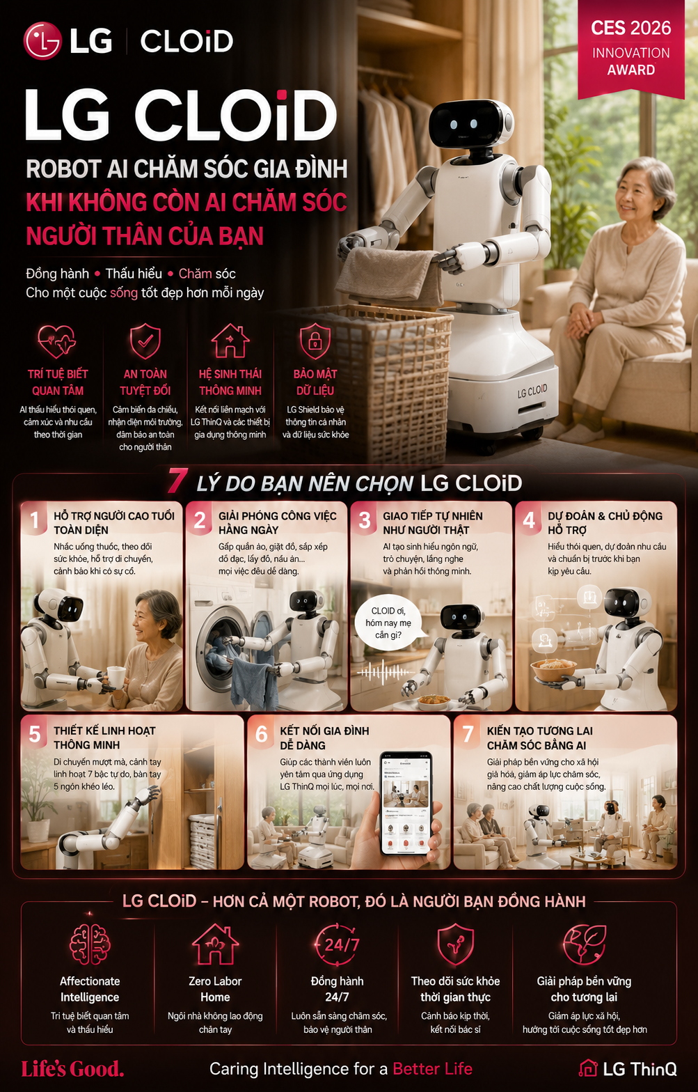 Robot không được tạo ra để thay thế tình yêu thương của con người. Robot được tạo ra để lấp đầy khoảng trống khi xã hội ngày càng thiếu những người có thể chăm sóc người già mỗi ngày. Đây chính là bài toán mà LG đang hướng tới với CLOiD.