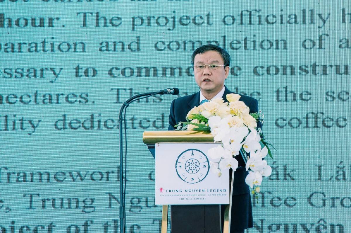 Ông Đào Mỹ, Phó chủ tịch UBND tỉnh Đắk Lắk phát biểu tại lễ khởi công và động thổ hệ thống nhà máy cà phê hàng đầu thế giới của Trung Nguyên Legend.