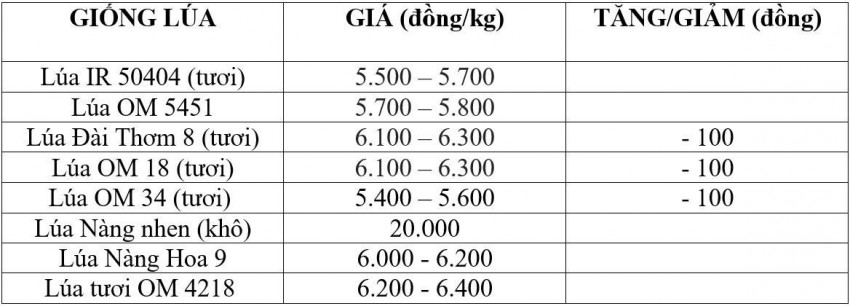 Bảng giá lúa hôm nay 28/6/2026