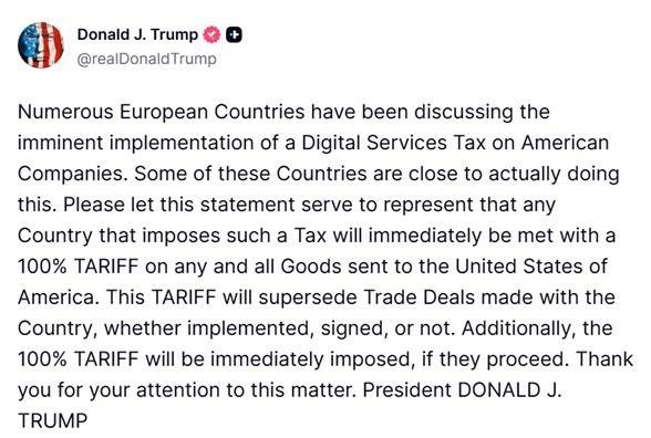 Dòng trạng thái của Tổng thống Mỹ Donald Trump trên mạng xã hội Truth Social, đề cập tới vấn đề đánh thuế 100% lên các quốc gia áp thuế lên hàng hoá công nghệ Mỹ