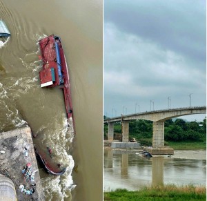 Phú Thọ: Đứt dây neo, 2 tàu hàng chìm tại khu vực cầu sông Lô