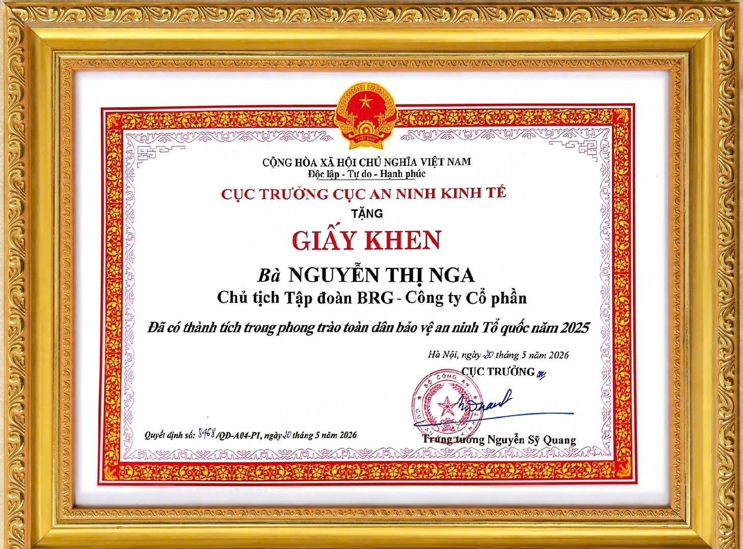 Giấy khen Madame Nguyễn Thị Nga - Chủ tịch Tập đoàn BRG, từ Cục An ninh Kinh tế - Bộ Công an