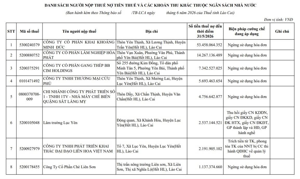 Thuế tỉnh Lào Cai công khai danh sách các đơn vị nợ thuế.