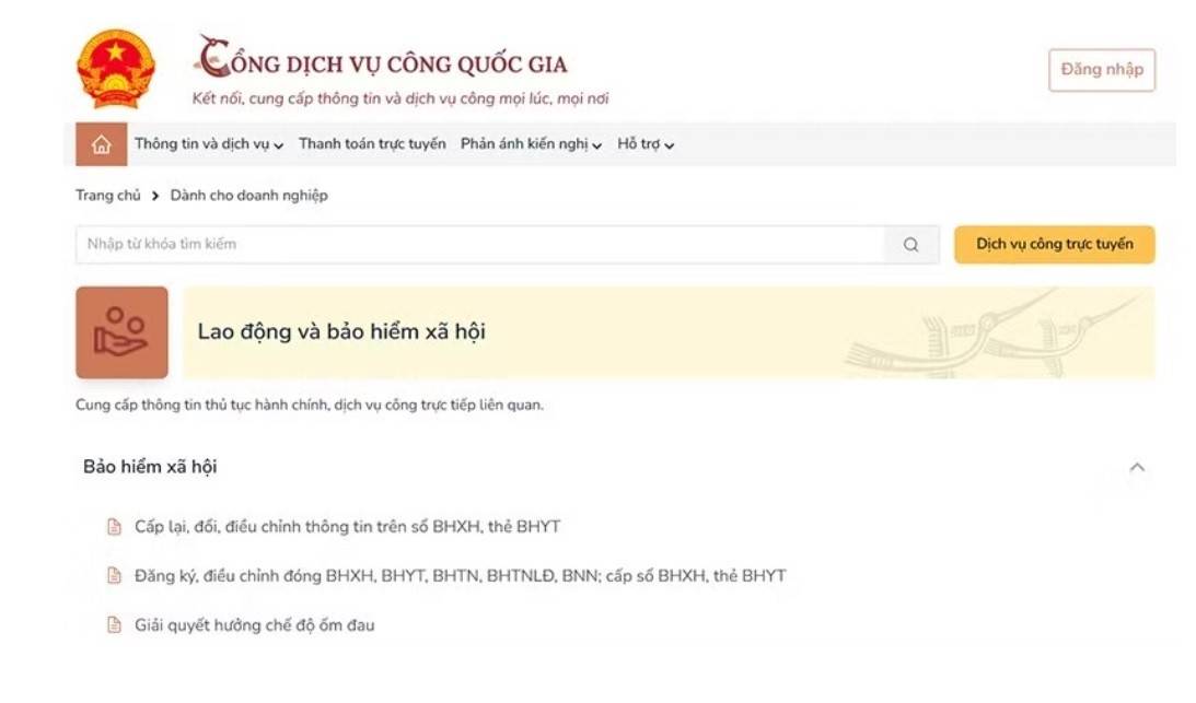 Dịch vụ công về bảo hiểm xã hội trên Cổng Dịch vụ công quốc gia.