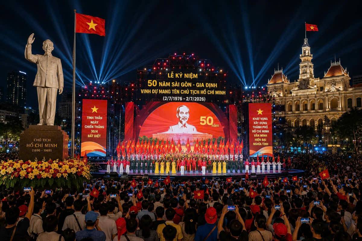 Hàng nghìn người dân tập trung trước tượng đài Chủ tịch Hồ Chí Minh, hòa chung không khí đêm bắn pháo hoa kỷ niệm 50 năm Sài Gòn - Gia Định vinh dự mang tên Chủ tịch Hồ Chí Minh, bày tỏ lòng tri ân và tưởng nhớ vị lãnh tụ vĩ đại của dân tộc.