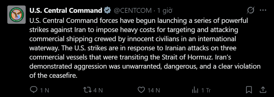 Thông báo của Bộ Tư lệnh Trung ương Mỹ (CENTCOM) về đợt tấn công mới nhất nhằm vào Iran