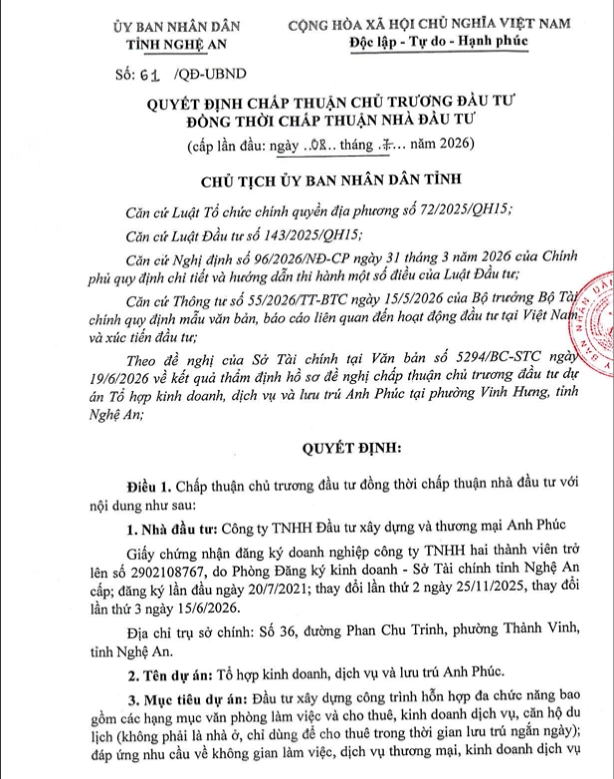 UBND tỉnh Nghệ An ban hành quyết định chấp thuận chủ trương đầu tư Dự án Tổ hợp kinh doanh, dịch vụ và lưu trú Anh Phúc hơn 199 tỷ đồng tại phường Vinh Hưng 