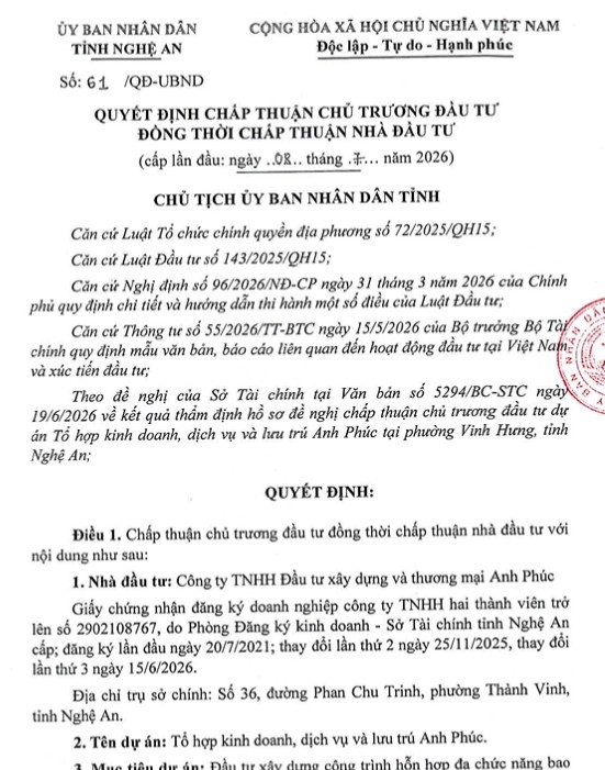 Nghệ An chấp thuận chủ trương đầu tư Dự án Tổ hợp kinh doanh, dịch vụ và lưu trú Anh Phúc hơn 199 tỷ đồng