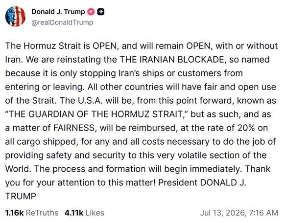 Tuyên cáo của Tổng thống Mỹ Donald Trump về việc tái áp đặt các biện pháp phong toả hàng hải với Iran, đồng thời khẳng định eo biển Hormuz sẽ được mở cửa dưới sự bảo hộ của Mỹ