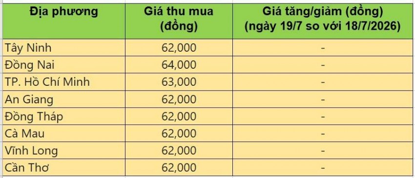 Bảng giá heo hơi tại miền Nam hôm nay 19/7/2026