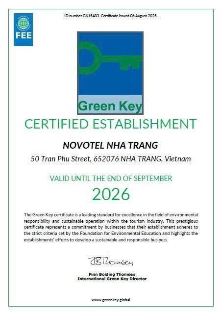 Khách sạn Novotel Nha Trang tái khẳng định chuẩn du lịch xanh với chứng nhận Green Key quốc tế