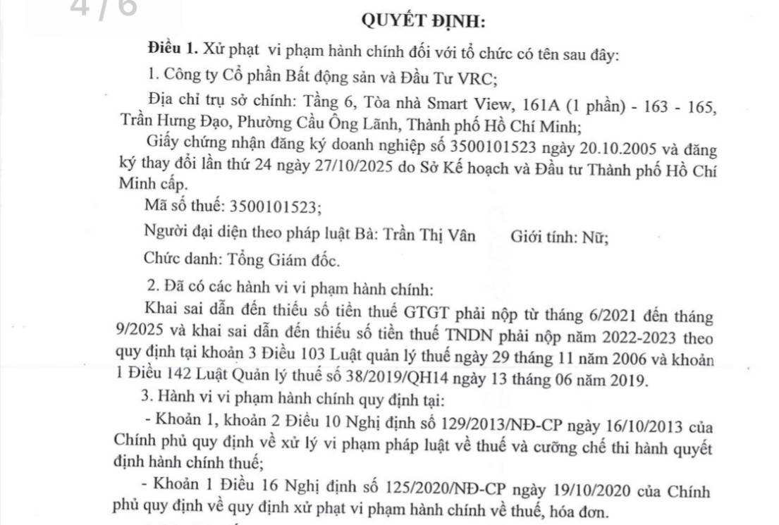 Một phần nội dung quyết định xử phạt đối với Bất động sản và Đầu tư VRC (Ảnh: Chụp màn hình).