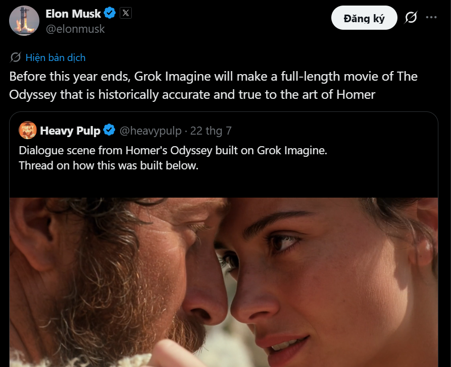 Dòng trạng thái của tỷ phú Elon Musk về dự án phim The Odyssey được dàn dựng hoàn toàn bằng trí tuệ nhân tạo