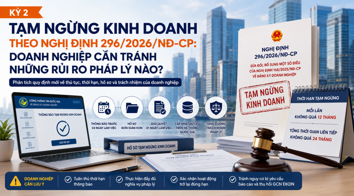 Tạm ngừng kinh doanh theo Nghị định 296/2026/NĐ-CP: Doanh nghiệp cần tránh những rủi ro pháp lý nào? (Kỳ 2)