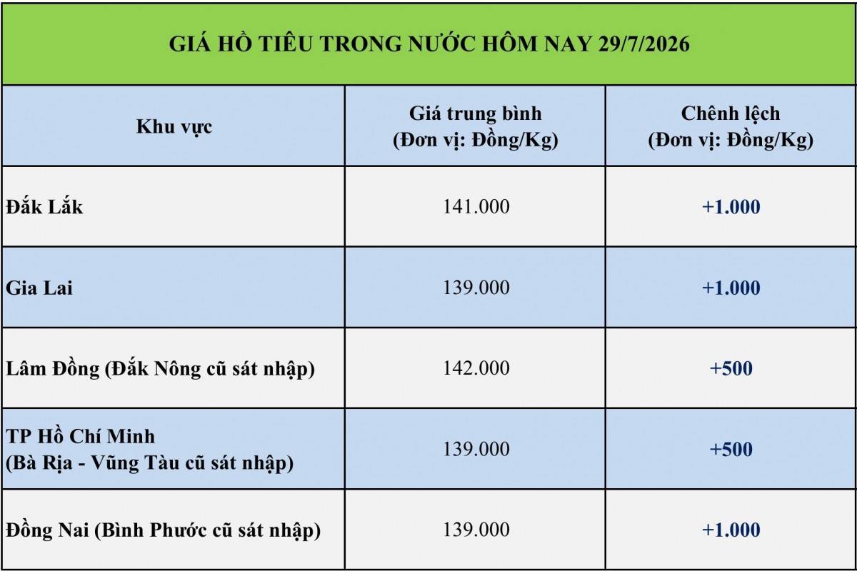 Giá tiêu hôm nay 29/7/2026: