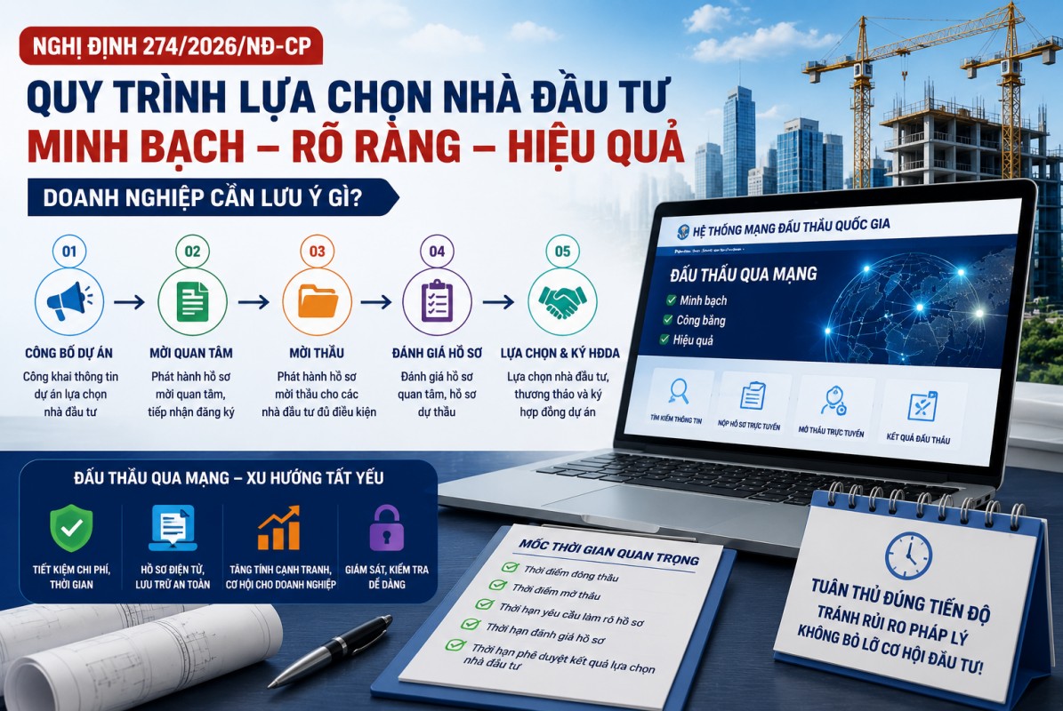 Nghị định 274/2026/NĐ-CP: Doanh nghiệp cần lưu ý gì về quy trình lựa chọn nhà đầu tư và đấu thầu qua mạng?