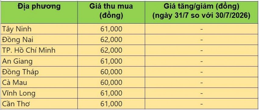 Bảng giá heo hơi tại miền Nam hôm nay 31/7/2026