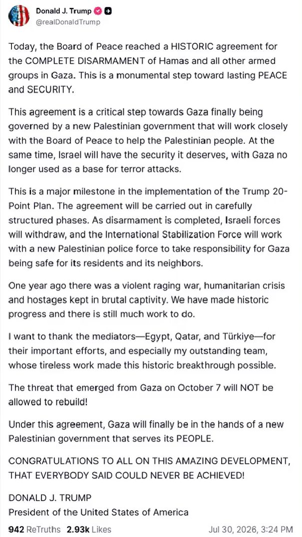Thông cáo của Tổng thống Mỹ Donald Trump về tình hình giải quyết xung đột Israel - Palestine