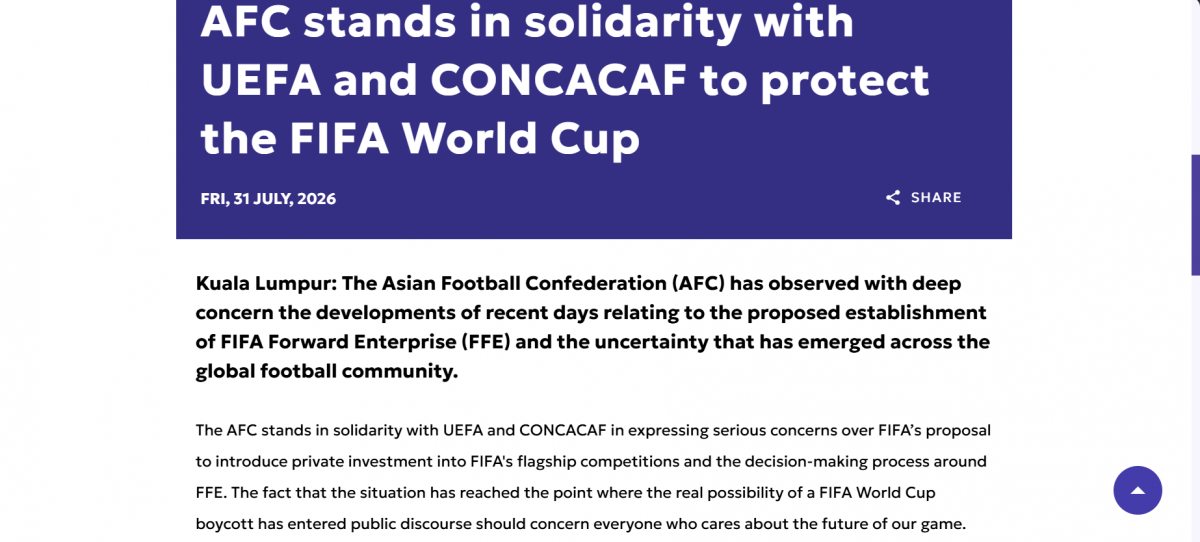 Trích đoạn thông cáo của Liên đoàn Bóng đá châu Á (AFC) trước thông tin về dự án FFE của FIFA
