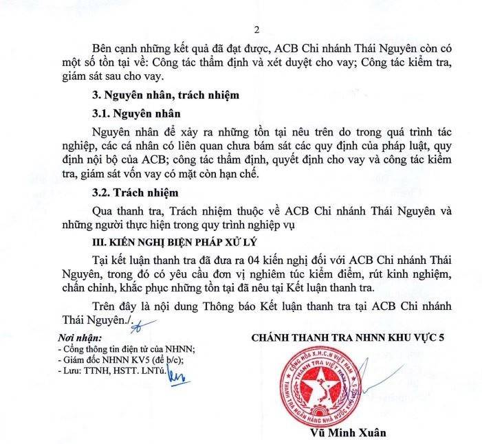 ACB Chi nhánh Thái Nguyên còn tồn tại một số sai sót trong công tác thẩm định và xét duyệt cho vay, cũng như hoạt động kiểm tra, giám sát sau cho vay.