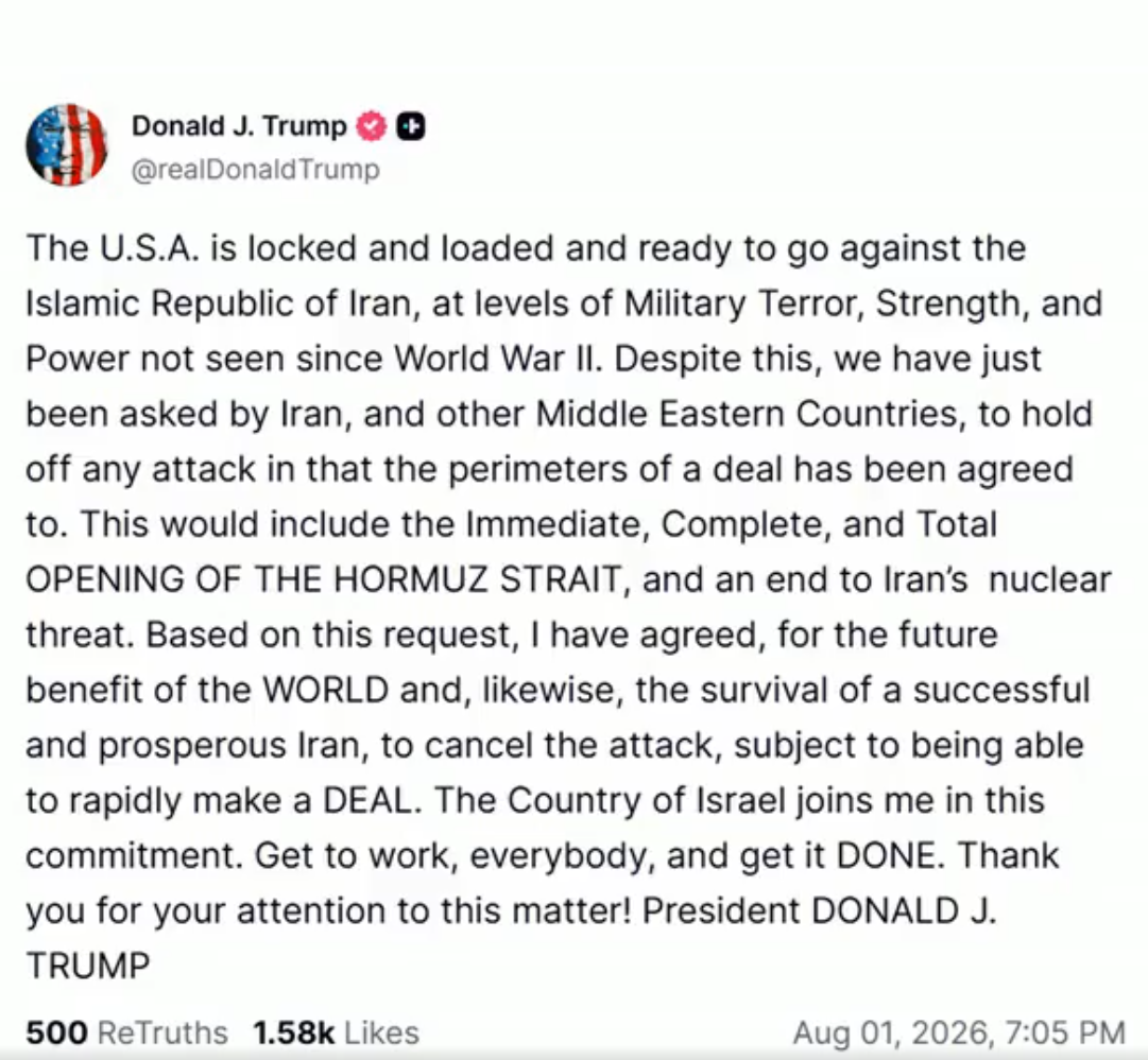 Thông cáo của ông Donald Trump đăng tải trên mạng xã hội Truth Social, đề cập đến tình hình mới nhất giữa Mỹ, Iran cùng các bên liên quan