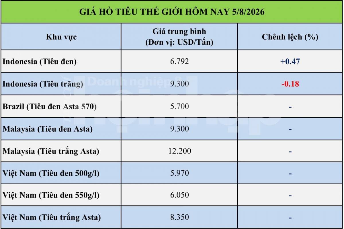 Giá tiêu hôm nay 5/8/2026: