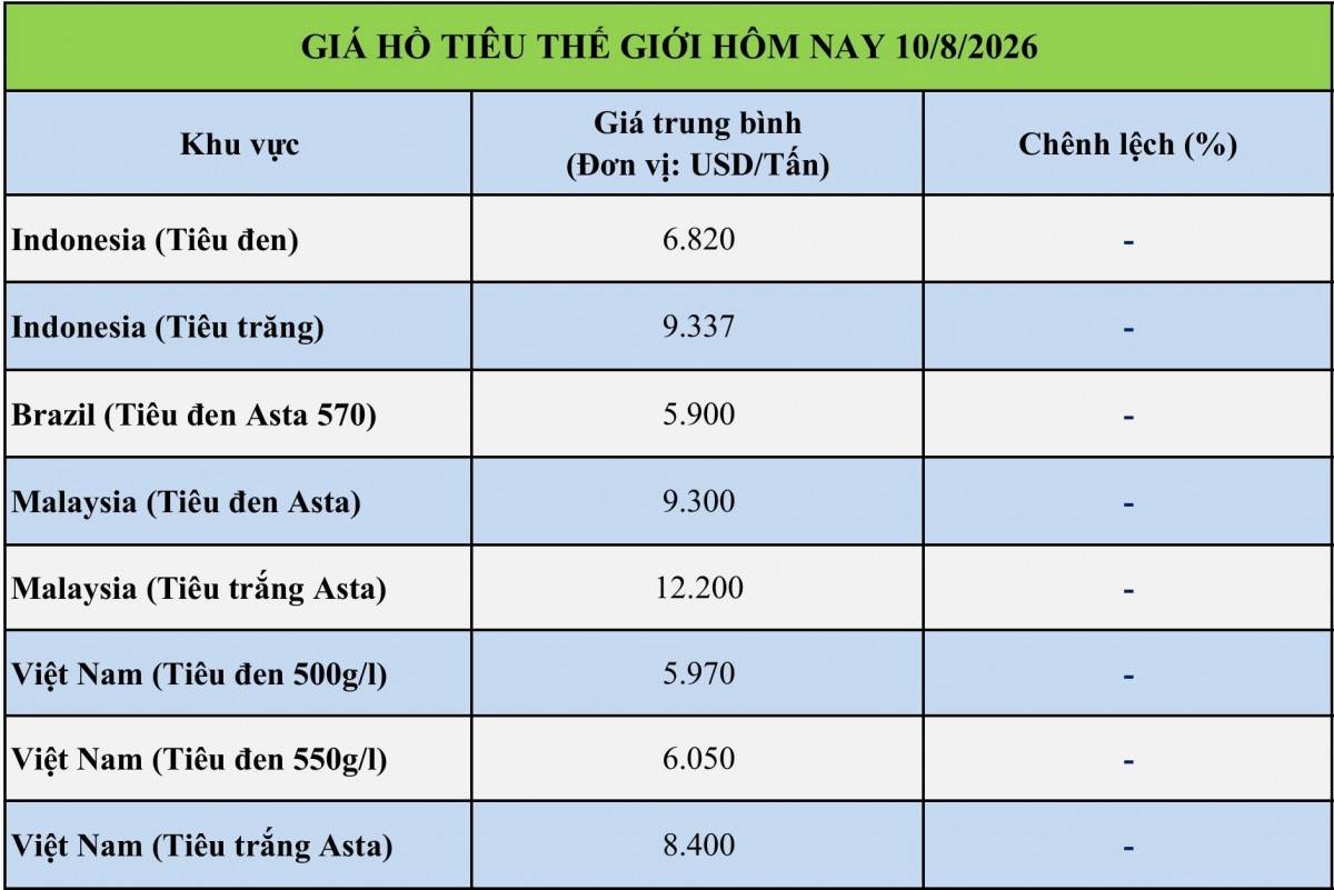 Giá tiêu hôm nay 10/8/2026: