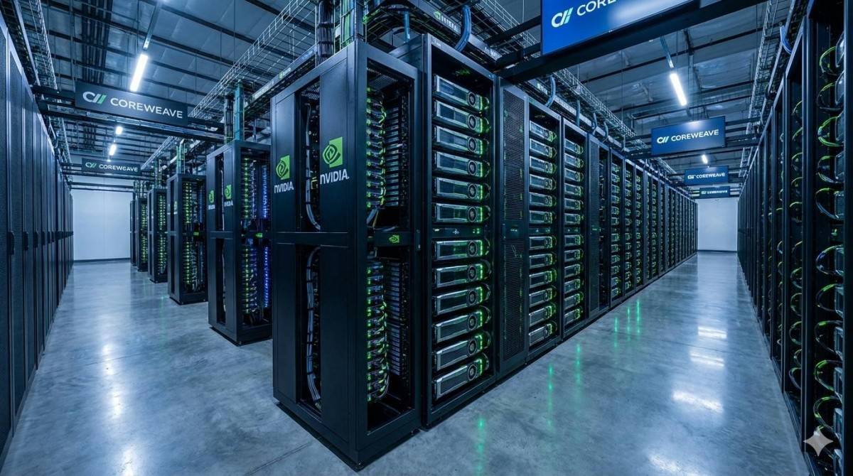 Hệ thống máy chủ GPU của CoreWeave, nơi hàng loạt bộ xử lý Nvidia được kết nối để phục vụ các workload AI quy mô lớn. CoreWeave hiện triển khai các hệ thống Nvidia Blackwell và GB300 cho khách hàng AI.