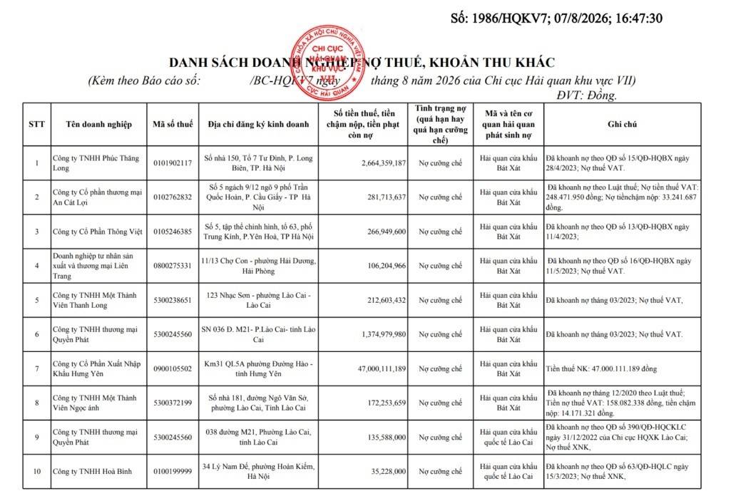 Danh sách 10/40 doanh nghiệp nợ thuế, khoản thu khác do Chi cục Hải quan khu vực VII công bố. Nguồn: HQKV7.