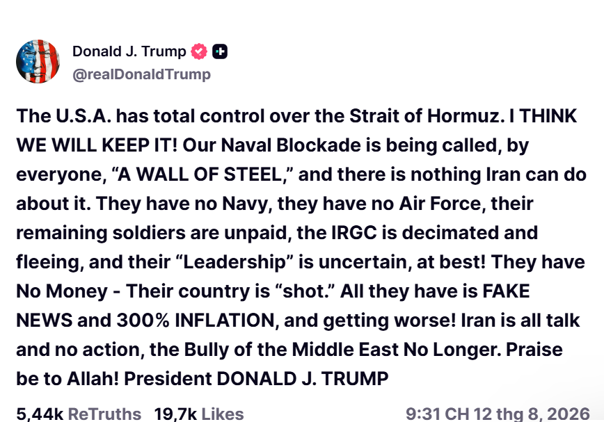 Tổng thống Donald Trump tiếp tục khẳng định Mỹ có quyền kiểm soát eo biển Hormuz, đồng thời cho rằng bộ máy lãnh đạo cấp cao Iran đang gặp khủng hoảng nghiêm trọng