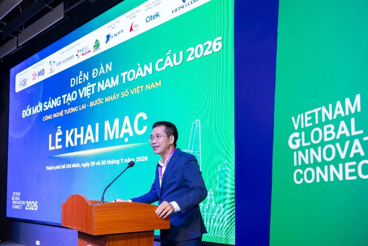 Ông Lưu Trung Thái, Chủ tịch HĐQT MB phát biểu tại Lễ khai mạc Diễn đàn Đổi mới sáng tạo Việt Nam toàn cầu 2026 (VGIC 2026).