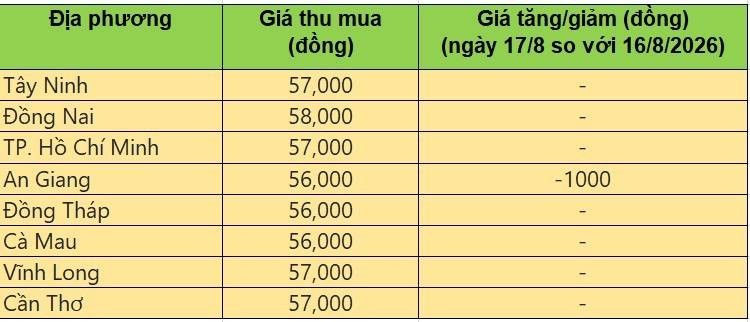 Bảng giá heo hơi tại miền Nam hôm nay 17/8/2026
