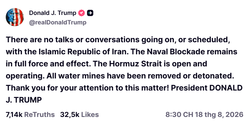 Tuyên bố của Tổng thống Mỹ Donald Trump về tình hình Iran và eo biển Hormuz trên mạng xa