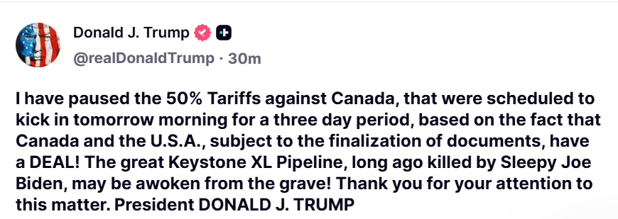Thông cáo của Tổng thống Mỹ Donald Trump trên mạng xã hội Truth Social về việc tạm ngừng áp thuế cho các mặt hàng của Canada