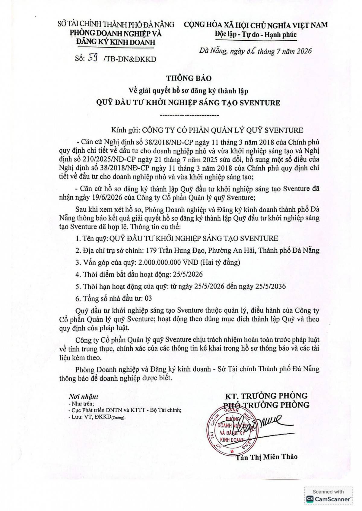 . Thông báo của Phòng Doanh nghiệp và Đăng ký kinh doanh - Sở Tài chính TP. Đà Nẵng về hồ sơ đăng ký thành lập Quỹ Đầu tư Khởi nghiệp Sáng tạo SVenture.