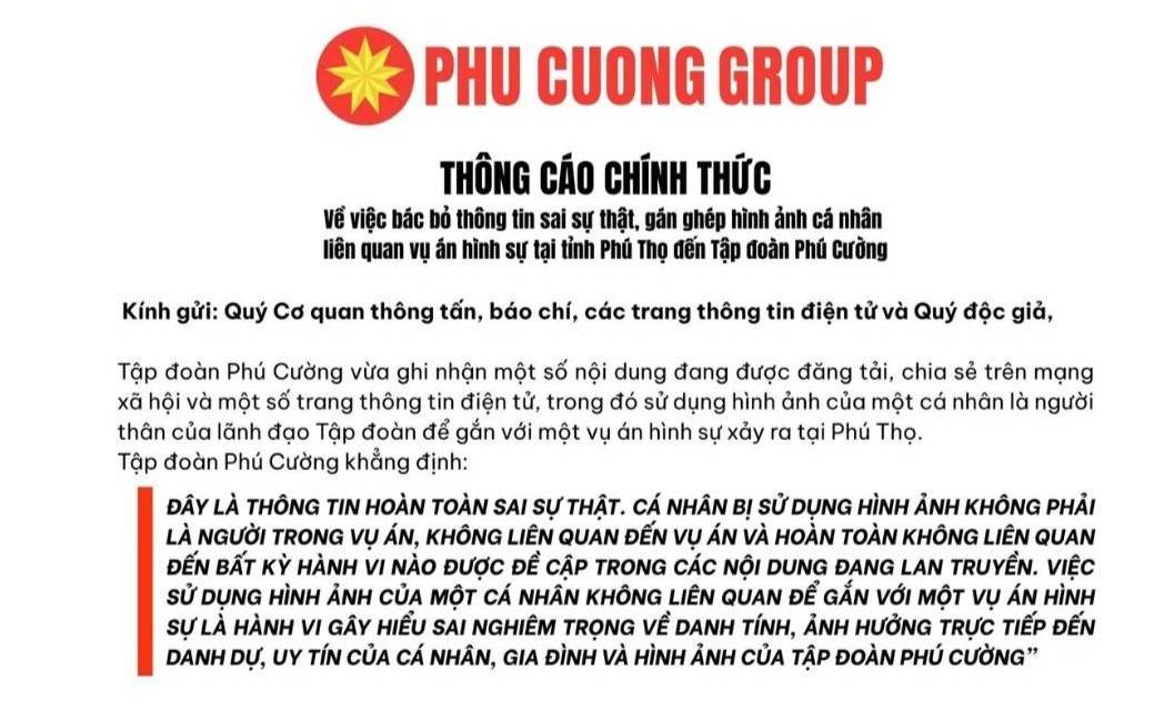 An Giang : Phú Cường Group phản bác thông tin gán ghép hình ảnh cá nhân với vụ án tại Phú Thọ
