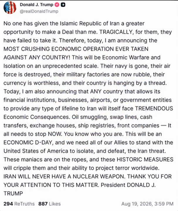 Tuyên bố về việc phát động chiến tranh kinh tế của Tổng thống Mỹ Donald Trump, đăng trên mạng xã hội Truth Social ngày 19/8 (giờ địa phương)