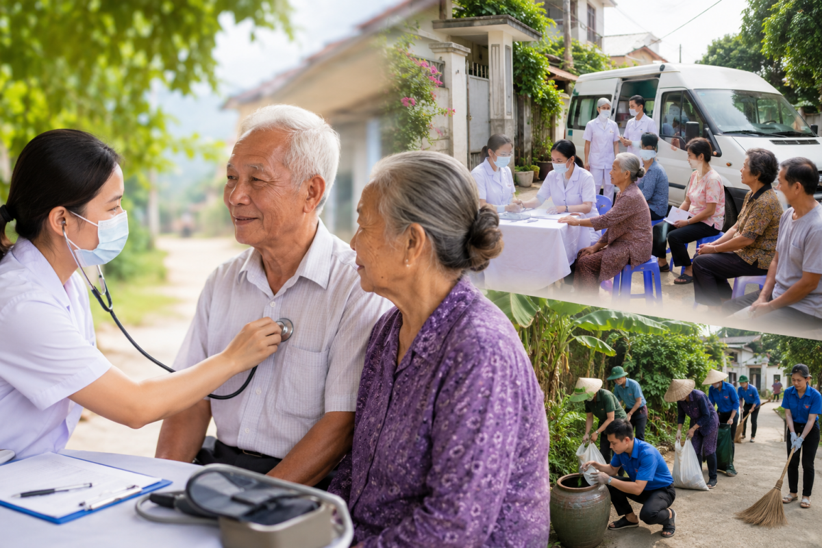 Khám sức khỏe toàn dân tại Tây Ninh với nhân viên y tế khám cho người cao tuổi.