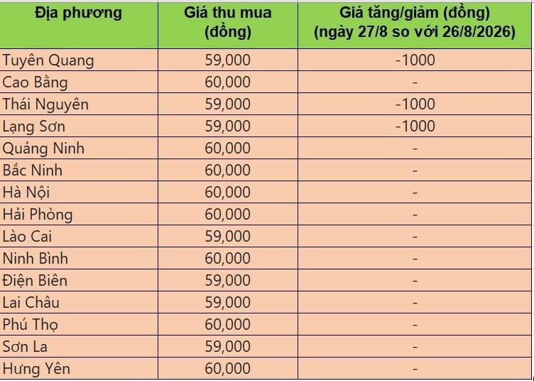 Bảng giá heo hơi tại miền Bắc hôm nay 27/8/2026