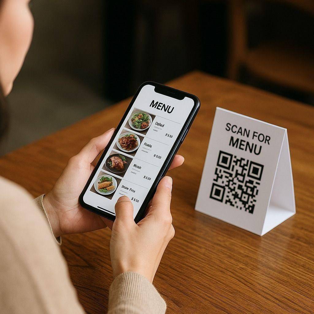 Du khách sử dụng điện thoại/menu điện tử để xem món ăn, thông tin dinh dưỡng hoặc đánh giá nhà hàng.