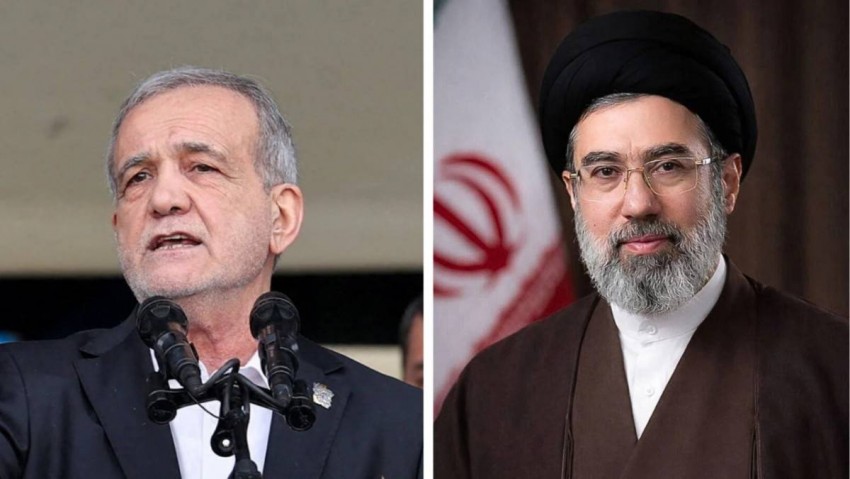 Tổng thống Iran Masoud Pezeshkian (trái) thừa nhận tác động của các biện pháp phong toả kinh tế từ Mỹ, trong khi Lãnh tụ tối cao nước này - ông Mojtaba Khamenei (phải) - kêu gọi Iran giảm sự phụ thuộc đồng USD