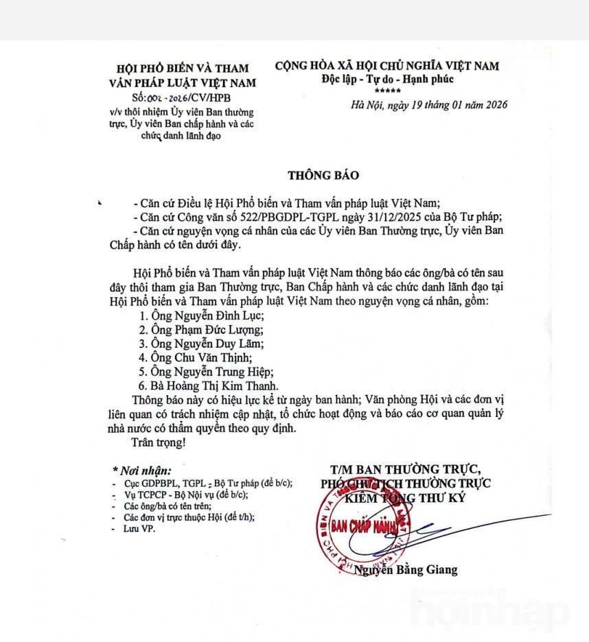 Bộ Nội vụ đình chỉ hoạt động 6 tháng đối với Hội Phổ biến và Tham vấn pháp luật Việt Nam